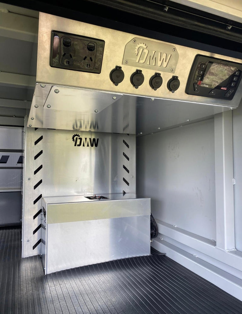 Load image into Gallery viewer, Open Side compartment of the XTR Canopy showing organized storage and electrical setup for touring.