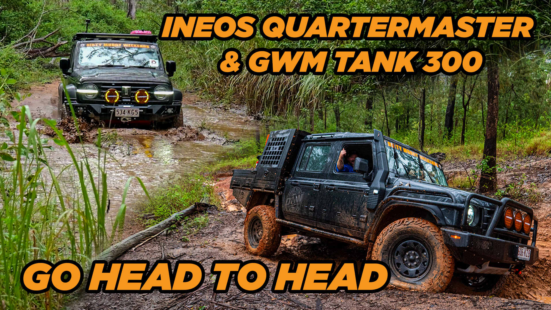 2 Wheel drives in the mud, a Tank 300 and a Ineos Quartermaster with a DMW Tray.