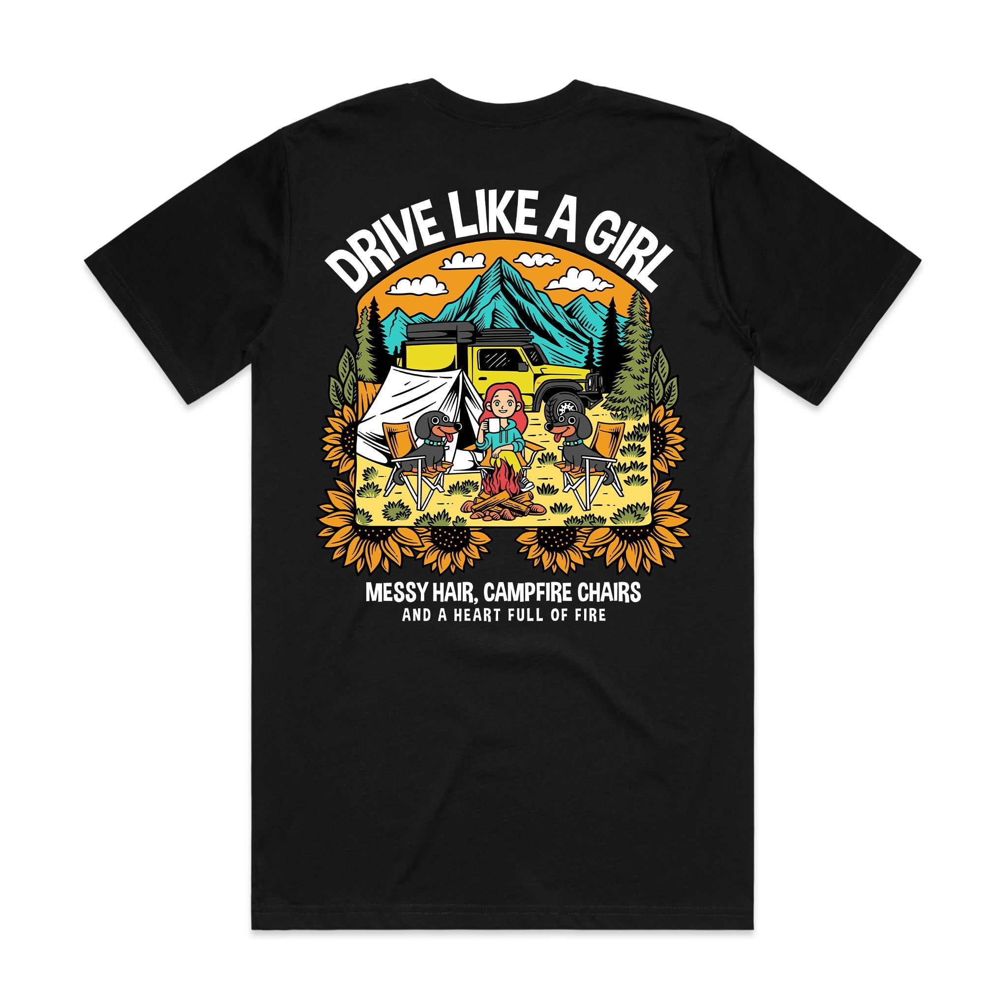 Messy Hair, Campfire Chairs (Kids) T-Shirt - Drive Like A Girl - DMW