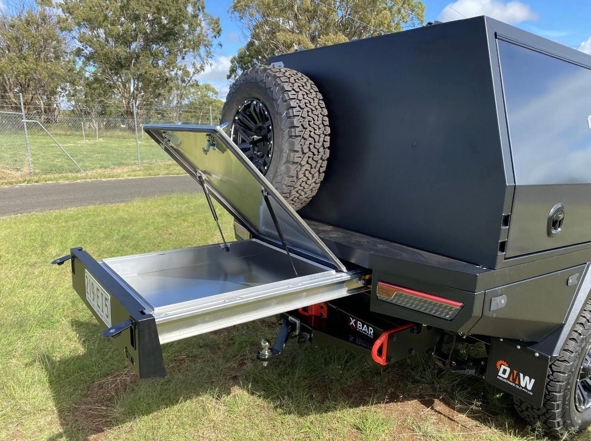 Open rear compartment of the XTR Tray showing large amount of storage for touring gear.